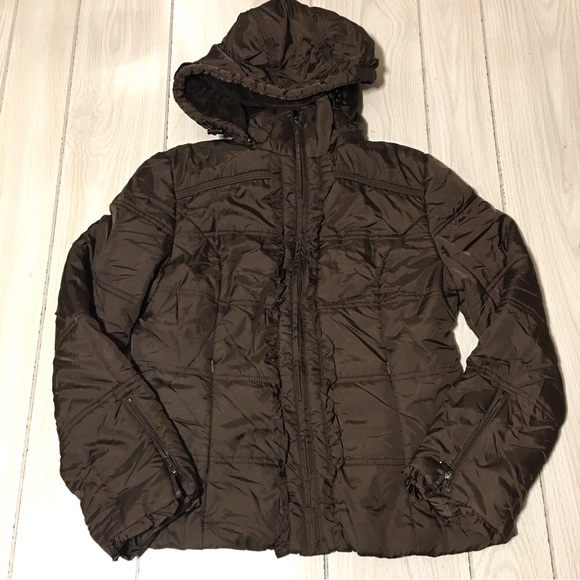 Peace Love Chill Dow Puffer Jacket Women Medium Brown Hooded - Picture 2 of 11